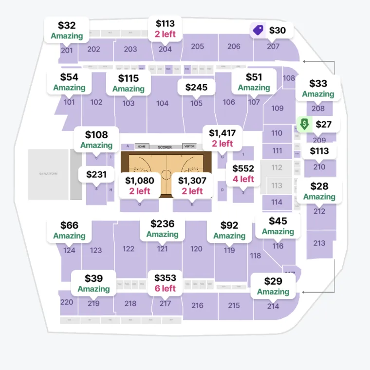 CFG Bank Arena seating map for Mystics vs. Fever
